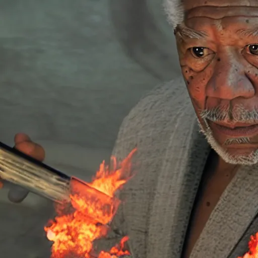 Image similar to cinematic film still of Morgan Freeman starring as a Samurai holding fire, Japanese CGI, VFX, 2022, 40mm lens, shallow depth of field, film photography