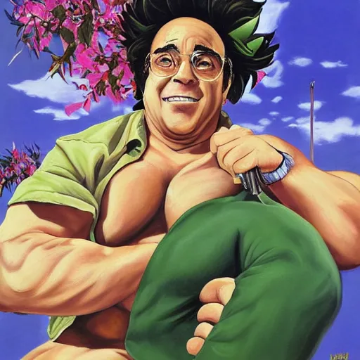 Prompt: a painting of danny devito posing in a scenic environment by hirohiko araki, jojos bizarre adventure cover art, trending on artstation