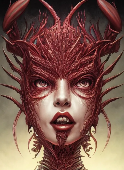 Image similar to a hyper detailed face portrait of the queen of blades, diablo 4 lilith, by yusuke murata, by hiroya oku, by dorian cleavenger, by tom bagshaw, by zdzisław beksinski, trending on artstation