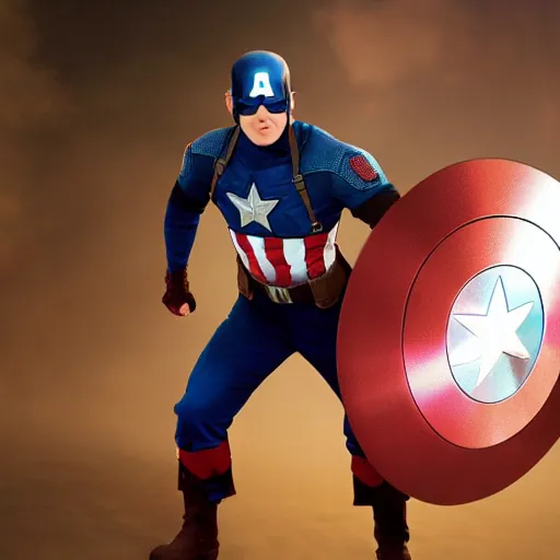 Image similar to film still of weird al as captain america, full body shot, hero pose, fireworks in the background