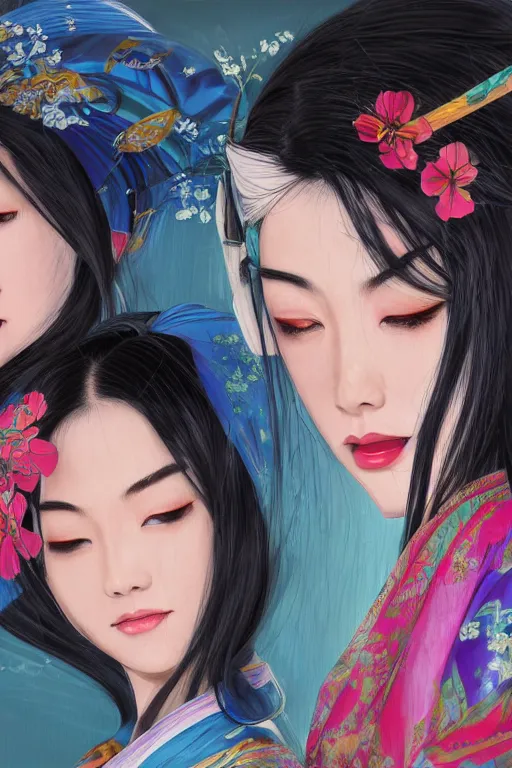 Image similar to a professional painting of 3 gorgeous Japanese Geisha girls, in brightly colored kimonos, long dark hair, beautiful bone structure, symmetrical facial features, intricate, elegant, digital painting, concept art, smooth, sharp focus, illustration, from StarCraft by Ruan Jia and Mandy Jurgens and Artgerm and William-Adolphe Bouguerea, epic, stunning, gorgeous, intricate detail, much wow, 4K, masterpiece, trending on artstation