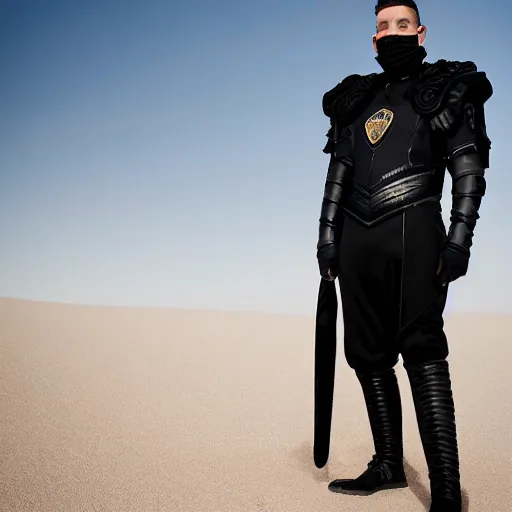 Image similar to medium face shot of adult Austin Butler dressed in futuristic-tudoresque black-prussian blue garb with embroidered Rams head emblem, and nanocarbon-vest, in an arena in Dune 2021, XF IQ4, f/1.4, ISO 200, 1/160s, 8K, face in-frame