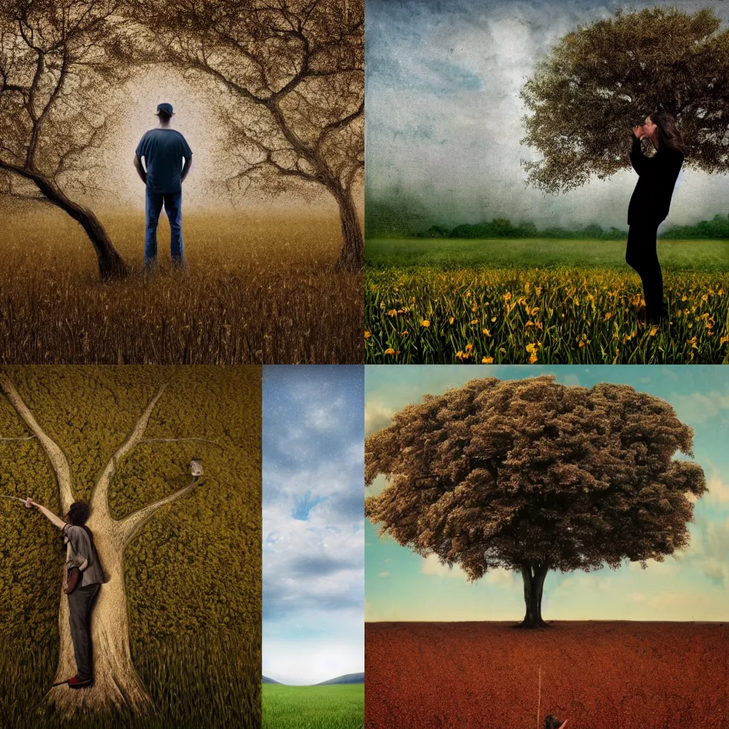 Prompt: a person leaning against a tree in a field, a detailed matte painting by brad kunkle, shutterstock contest winner, ecological art, photo taken with ektachrome, sense of awe, associated press photo