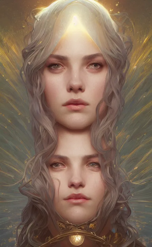 Image similar to portrait of a light witch, kind, loving, elegant, faithful, hopeful, intricate, headshot, highly detailed, digital painting, artstation, concept art, sharp focus, cinematic lighting, illustration, art by artgerm and greg rutkowski, alphonse mucha, cgsociety