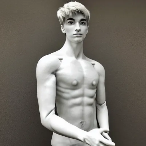 Image similar to “a realistic detailed photo of a guy who is an attractive humanoid who is half robot and half humanoid, who is a male android, twitch streamer Ninja Tyler Blevins, shiny skin, posing like a statue, blank stare”