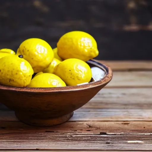 Image similar to a bowl of moldy lemons on a wooden table next to a couch, close up, dslr photo