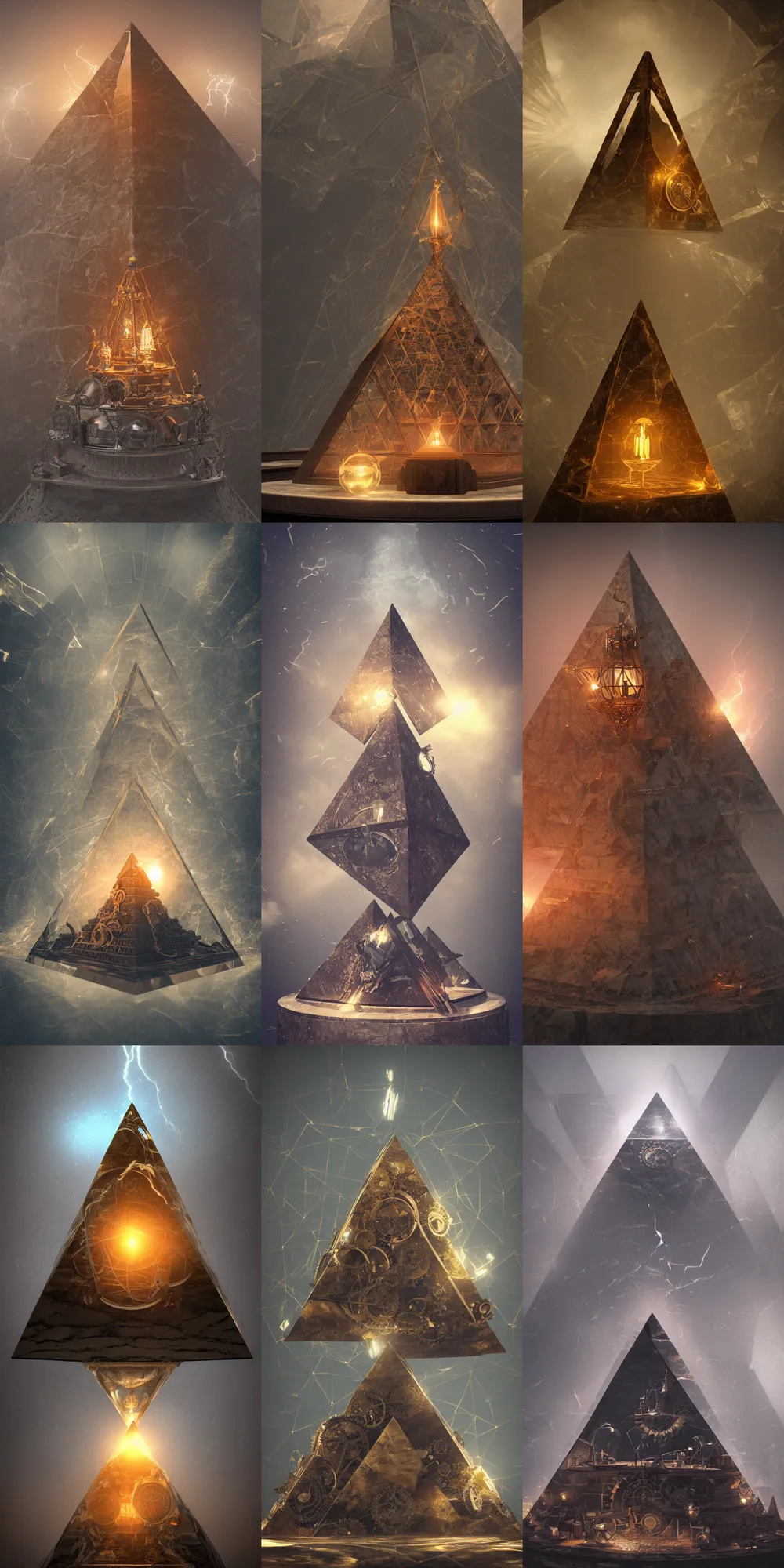 Prompt: steampunk pyramid inside a marble, hourglass, lightning, intricate detail, volumetric lighting, epic composition, hyper detailed, ultra realistic, sharp focus, octane render, candle, volumetric, ray tracing, artstation trending, cgsociety, sense of awe, swirling mist, 4 k