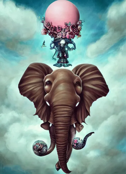 Image similar to pop surrealism, lowbrow art, psychic flying tandem war elephant, rococo, natalie shau, loreta lux, tom bagshaw, mark ryden, trevor brown style,