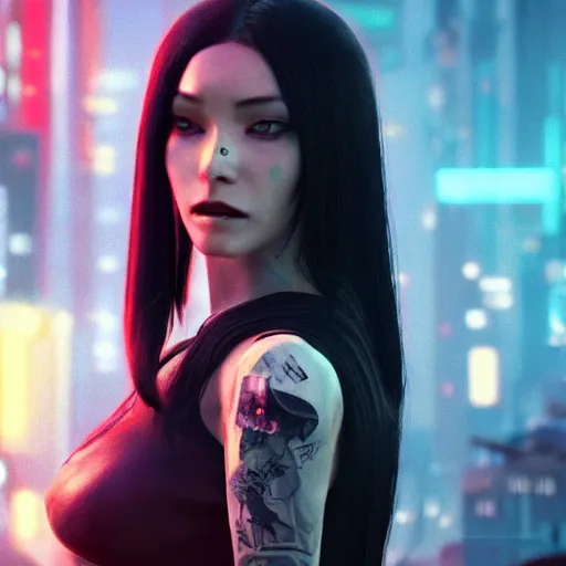 Image similar to a woman with long black hair and a tattoo on her arm, cyberpunk art by du jin, cgsociety, retrofuturism, movie still, playstation 5 screenshot, futuristic