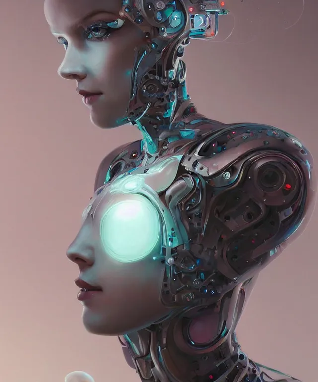 Prompt: a woman turning into an Android portrait wearing a part cybernetic body, surrealism , scifi, intricate, elegant, sharp eyebrows, highly detailed cybernetic body, neon glowing eyes, digital painting, artstation, concept art, smooth, sharp focus, illustration, art by Artgerm and moebius and Peter Mohrbacher