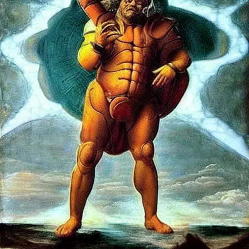 Prompt: Danny Devito as God dressed in an exosuit, heaven, War, Battle, Smiting the Devil, Holding Light in his hands, Lightbeams, clouds, surreal, Leonardo Divinci inspired, Michael Angelo inspired, Painting, Religious art