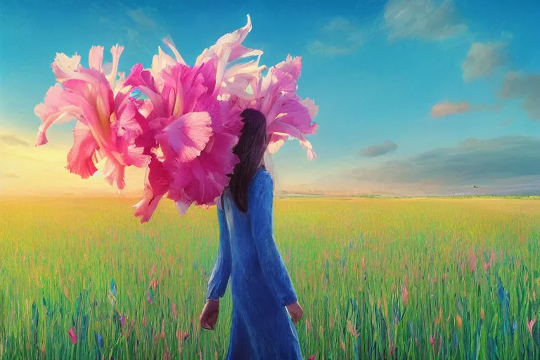 Image similar to giant gladiola head, girl walking in field of flowers, surreal photography, sunrise, blue sky, dramatic light, impressionist painting, digital painting, artstation, simon stalenhag