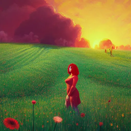 Image similar to giant red flower afro, full body, girl frontal in the middle of a field with flowers, surreal photography, hills, sunrise dramatic light, impressionist painting, colorful clouds, digital painting, pointillism, artstation, simon stalenhag