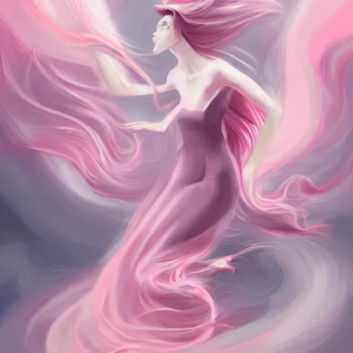 Prompt: digital painting, full body portrait, dynamic poses, anime face, joyful, epic, flowing dress, smooth, enigmatic, woman, pink and grey clouds, glowing flowing hair, by lois van baarle, by loish, sharp, trending on artstatio