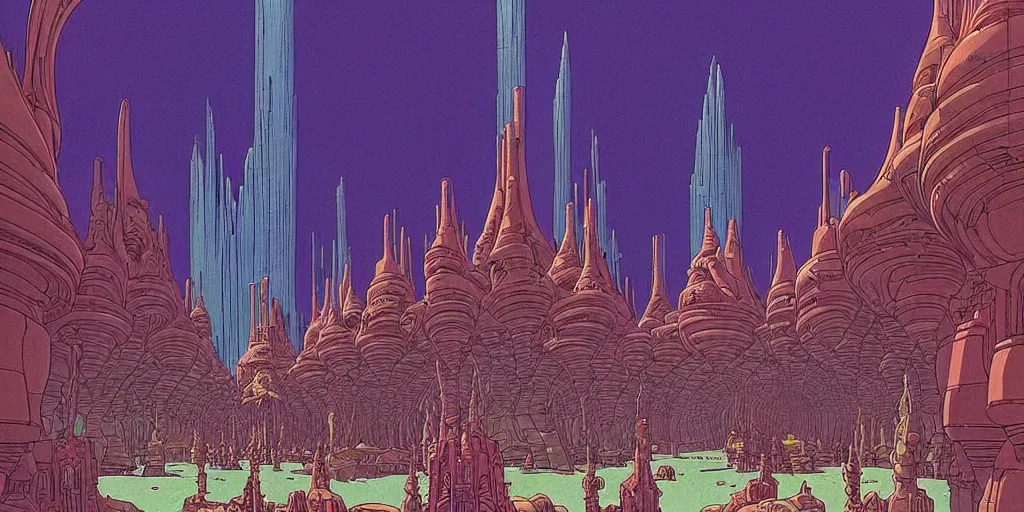 Image similar to cel shaded cinematic shot, matte illustration, the interior of a sci - fi space station with ornate elven architecture bustling with people, epic castle, emerald, crystalline, detailed illustration, sharp focus, crisp lines, art by moebius, jean giraud moebius comic illustration