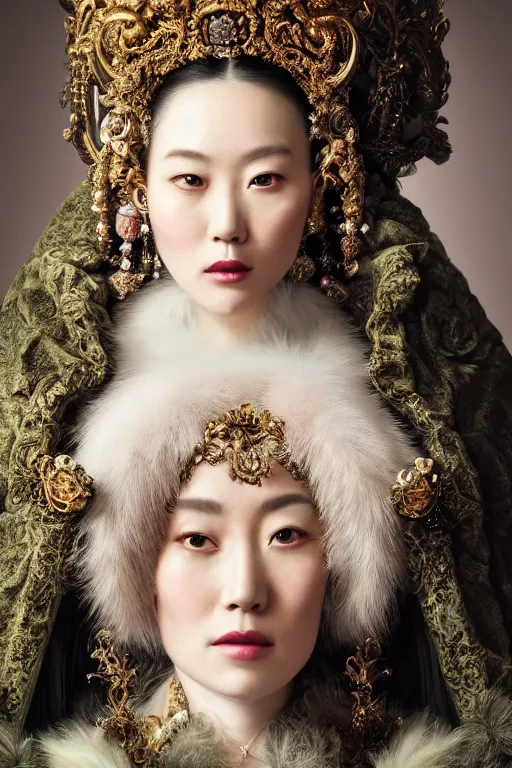 Image similar to a beautiful empress portrait, with a brilliant, impossible striking huge fur headpiece, fur clothes robes, everything fur, symmetrical, dramatic studio lighting, rococo, baroque, greens, asian, hyperrealism, closeup, D&D, fantasy, intricate, elegant, highly detailed, digital painting, artstation, octane render, 8k, concept art, matte, sharp focus, illustration, art by Artgerm and Greg Rutkowski and Alphonse Mucha