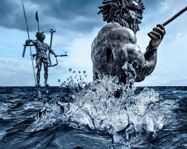 Image similar to a giant abstract sculpture of a legendary greek warrior god on the water, in the style of damien hirst, award winning, cinematic, hyper - realistic, very detailed, realistic water splashes, ray tracing, 8 k resolution, long - shot, sharp focus, low angle, 8 5 mm photograph, wide lens