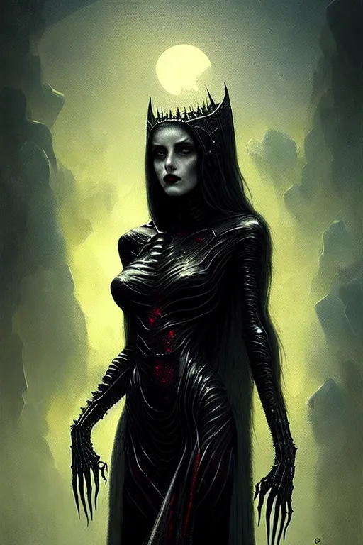 Prompt: queen vampire, highly detailed, ultra realistic digital art. night sky with bats. by greg rutkowski and raymond swanland, giger, trending on artstation