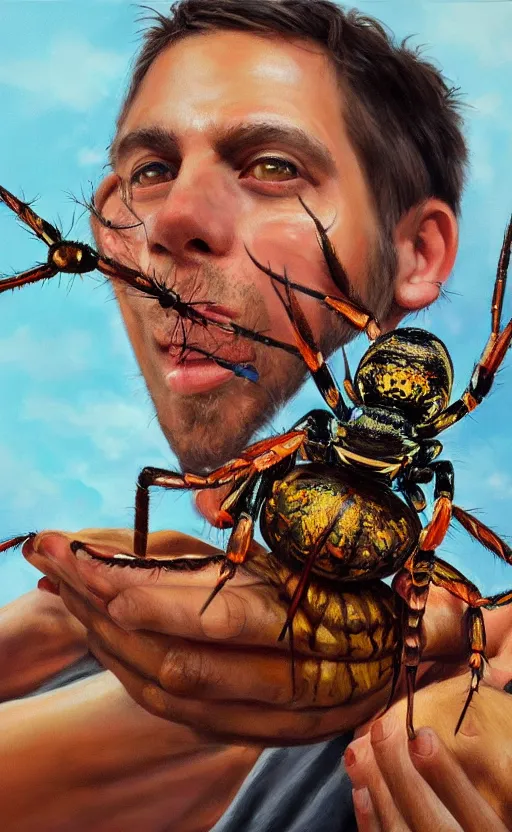 Prompt: beautiful intricate photorealistic painting of a man holding a giant spider. vibrant, high quality, very funny, beautiful, hq. hd. 4 k. award winning. trending on artstation