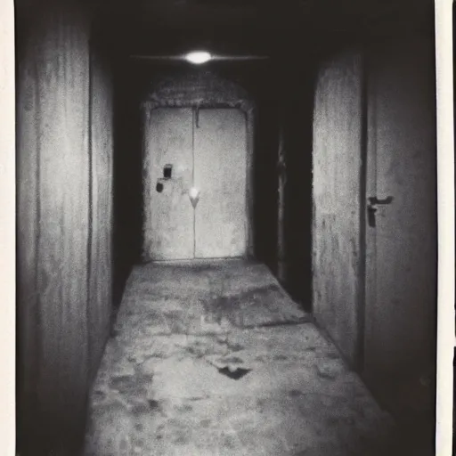 Image similar to tarman from the return of the living dead at the end of a dark hallway, polaroid,