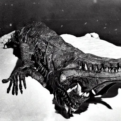 Prompt: a mummified t-rex corpse found in the artic ice and snow, taken by a ww2 camera.