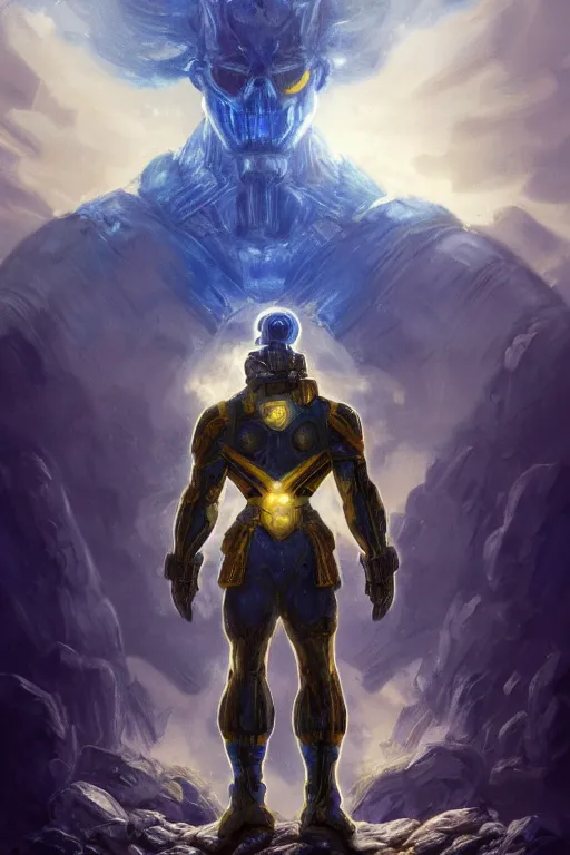 Image similar to a distant shot of a single super soldier with blue and yellow flag and standing alone on a huge pile of human skulls as a winner, masculine figure, D&D, fantasy, volumetric lights, beam of bright light through the clouds, intricate, elegant, highly detailed, extremely detailed, digital painting, artstation, concept art, matte, smooth, sharp focus, hyper realistic, illustration, art by Artgerm and Greg Rutkowski and Alphonse Mucha