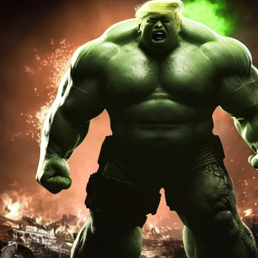 Image similar to ' donald trump as the hulk in gears of war, splash art, movie still, detailed face, maga, patriot, cinematic lighting, dramatic, octane render, long lens, shallow depth of field, bokeh, anamorphic lens flare, 8 k, hyper detailed, 3 5 mm film grain