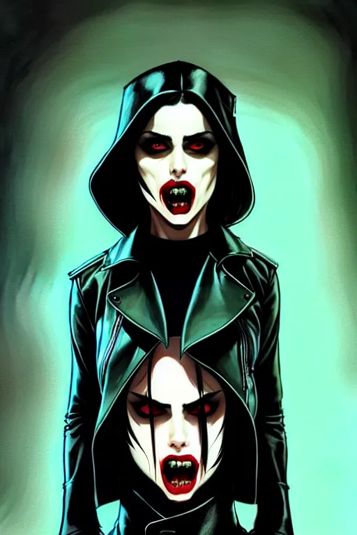 Image similar to rafael albuquerque comic art, peter mohrbacher, phil noto, steve niles, artgerm, pretty willa holland vampire sharp vampire teeth open mouth, symmetrical eyes, black leather jacket, jeans, long black hair