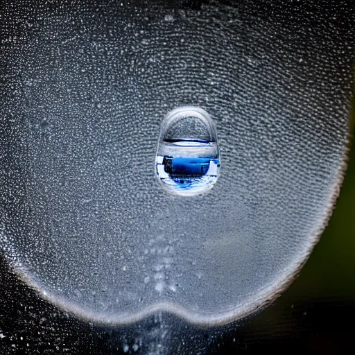 Prompt: a drop of water in the shape of a planet coming out of a water faucet, bokeh photograph