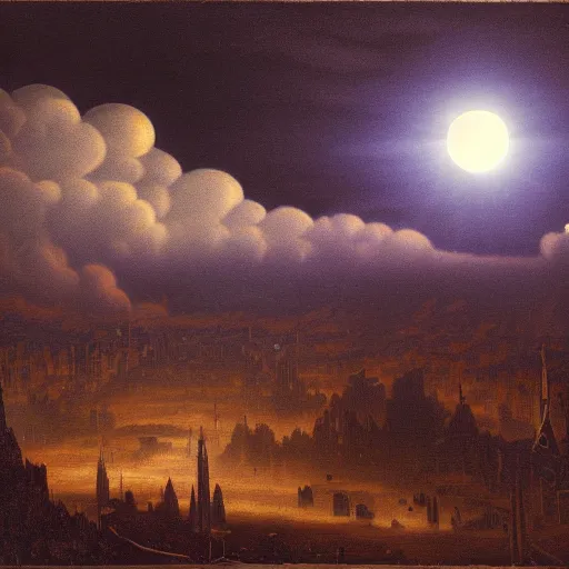 Image similar to dark solar eclipse, above a village, highly detailed, studio 4 k quality, by carl gustav carus