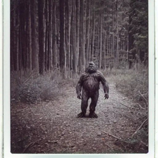 Prompt: a polaroid photo capturing bigfoot in the forest