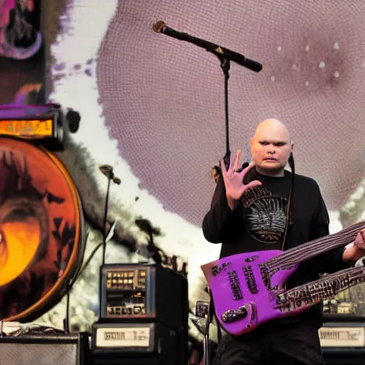 Prompt: billy corgan is a fat old hippy who watches his own band play from a bathtub