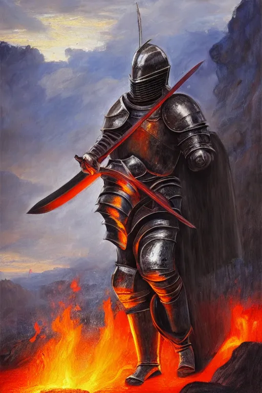 Prompt: knight in armor drawing a sword from a lava lake. by Bryce Cameron Liston, hyperrealistic oil painting, 4k, studio lightning