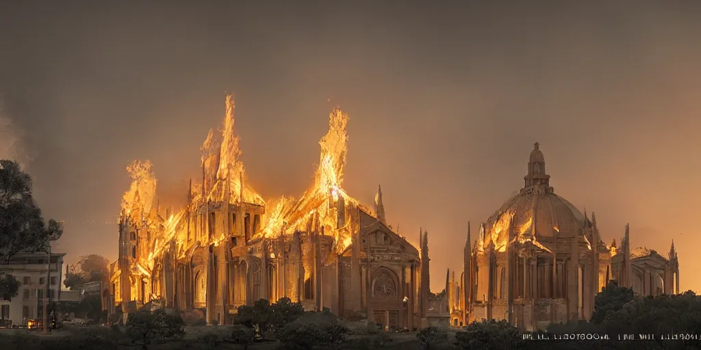 Image similar to photography of Basilica of St Peter collapsing in flames and dark smoke, vfx by weta digital, cinematic, rule of thirds, golden ratio, evening, photography by Annie Leibovitz