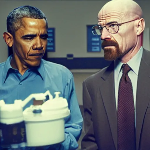 Prompt: film still of Obama making meth with Walter White in Breaking bad in season 1 episode 6, 4k, photorealistic faces
