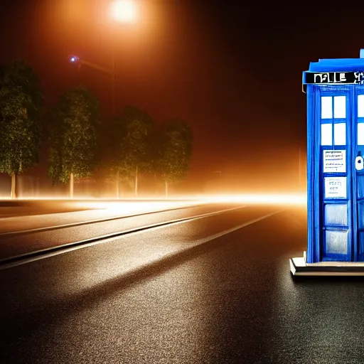 Prompt: A hyperdetailed photograph of the TARDIS sat on a futuristic street corner, night, dense fog, rain, HD, 8K resolution