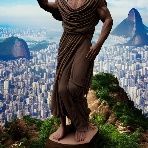 Image similar to an extremely detailed sculpture of a ridiculously good looking jesus that looks like a jewish gigachad posed like the christo redentor, long curly hair, elegant ancient greek dress, very detailed, standing on a mountain over rio de janeiro, beautiful, intricate, cinematic, artstation, william bouguereau, alphonse mucha, greg rutkowski, rossdraws, octane render