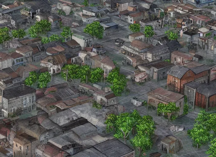 Image similar to realistic photo of a town, settlement, buildings, detailed scenery