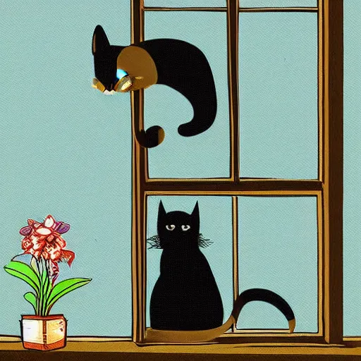 Prompt: cat on window, inside house in village, calm, warm, cozy, digital art, sweet home