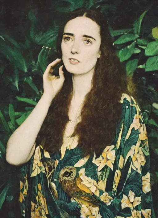 Image similar to Pre - raphaelit grainy head to shoulder portrait Polaroid film photograph of an elegant lovely woman wearing a yellow kimono with a very detailed barn owl on her shoulder!!! in a tropical greenhouse. looking at the camera!!. slight smile. super resolution. Extremely detailed. face like Jennifer Connelly. Polaroid 600 film.