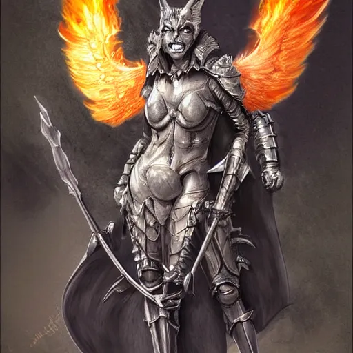 Prompt: a female winged gargoyle woman with a flaming sword, plate armor, fantasy, concept drawing