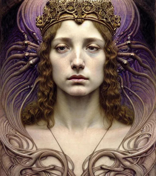 Image similar to detailed realistic beautiful young medieval queen of jupiter face portrait by jean delville, gustave dore and marco mazzoni, art nouveau, symbolist, visionary, gothic, pre - raphaelite. horizontal symmetry by zdzisław beksinski, iris van herpen, raymond swanland and alphonse mucha. highly detailed, hyper - real, beautiful