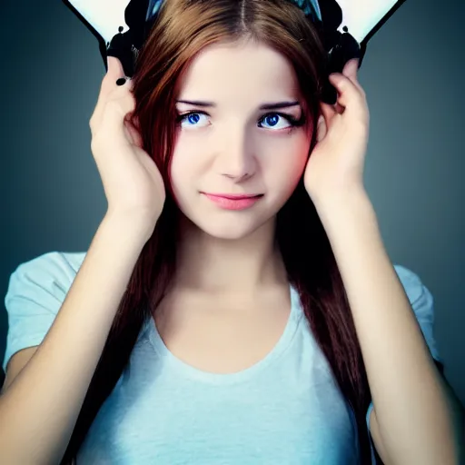 Image similar to cute young woman with robot ears and eyes, 4k, Jason Naylor