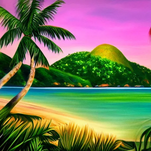 Image similar to an extremely beautiful ultra - realistic painting of a tropical island paradise with sunlight shining through vines, white sand, turquoise water, lagoons, warm, palm trees, exotic birds, peaceful, green forest, turtles, forgotten paradise, 4 k, award winning