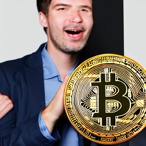 Prompt: a man licks a bitcoin, awkward, studio photo, award winning