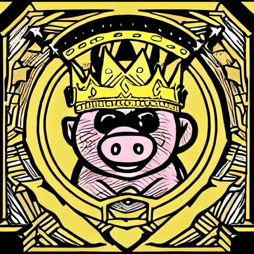 Image similar to detailed lineart comic book drawing of grinning pig wearing a gold crown flying with a cape in the style of jim lee