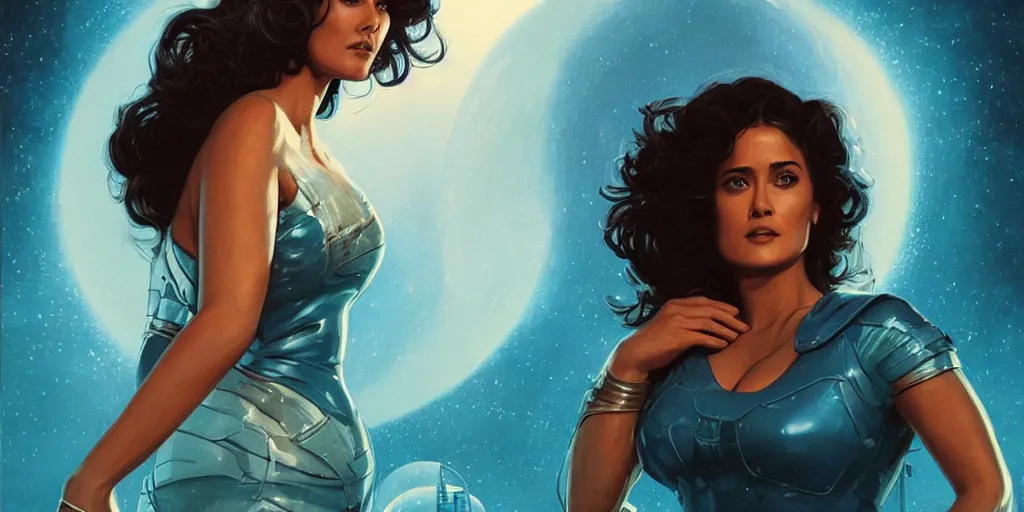 Image similar to Salma Hayek as a stunning , beautiful retro SCI-FI space heroine 1985 , movie poster, intricate, elegant, highly detailed, centered, digital painting, trending on artstation, concept art, smooth, sharp focus, illustration, art by raphael lacoste ,eddie mendoza ,alex ross, WLOP