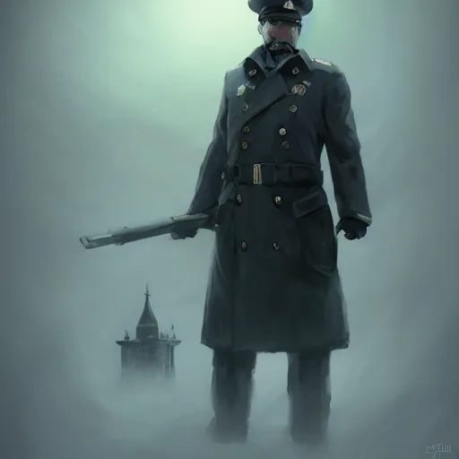 Image similar to gloomy scary soviet policeman, fog, darkness, evil, magic the gathering artwork, D&D, fantasy, cinematic lighting, centered, symmetrical, highly detailed, digital painting, artstation, concept art, smooth, sharp focus, illustration, volumetric lighting, epic Composition, 8k, art by Akihiko Yoshida and Greg Rutkowski and Craig Mullins, oil painting, cgsociety