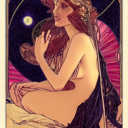 Image similar to angelina jolie portrait by louis - theophile hingre and alphonse mucha, realistic, sharp focus, zodiac signs, tarot cards, planets, ethereal, art nouveau, magic, moon, sun, crown, dreamy, royal, jewellery