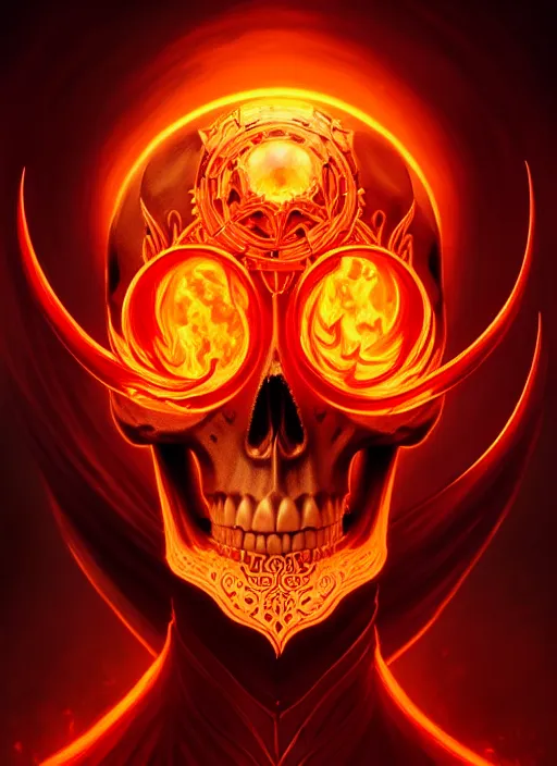 Image similar to symmetry!! portrait of skull with flaming eyes, high fantasy, intricate, elegant, highly detailed, digital painting, artstation, concept art, smooth, sharp focus, illustration, art by artgerm and greg rutkowski and alphonse mucha, 8 k